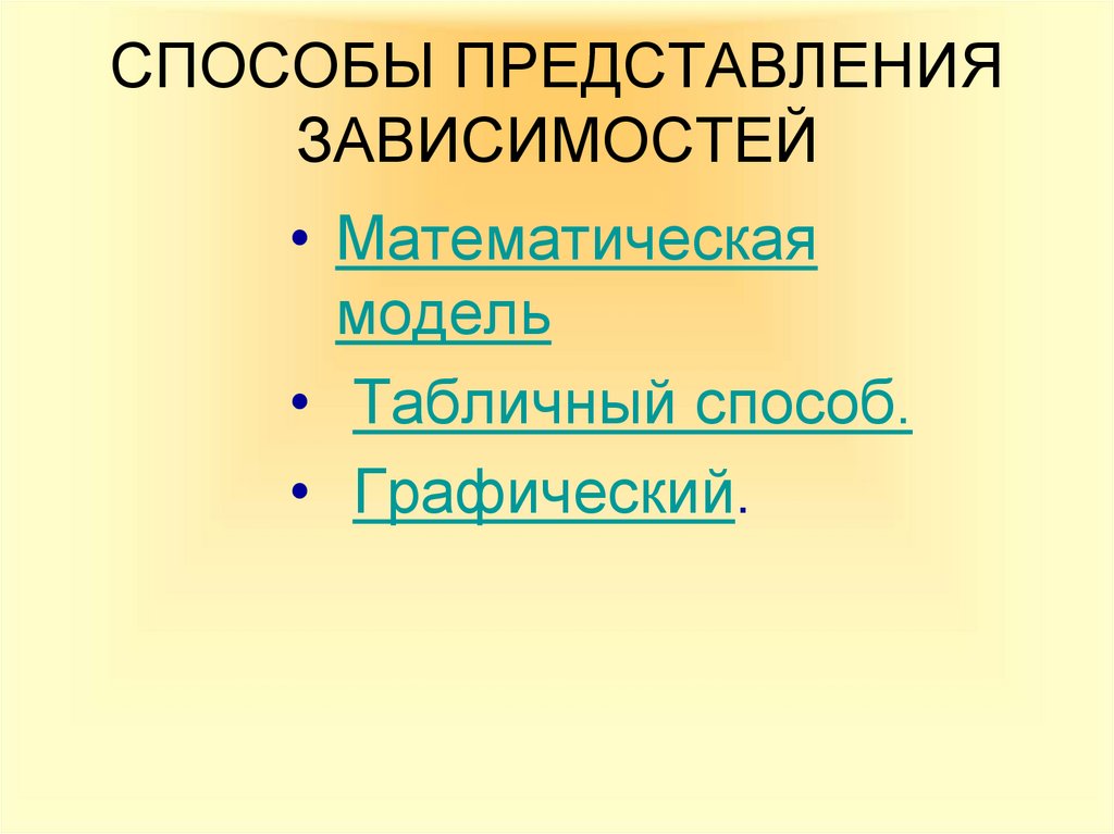 Способы представления результатов. Графический способ представления зависимостей. Способы представления предложения. Формы представления зависимостей между величинами Информатика 11. Назовите ещё 2 способа представления зависимостей между величинами.