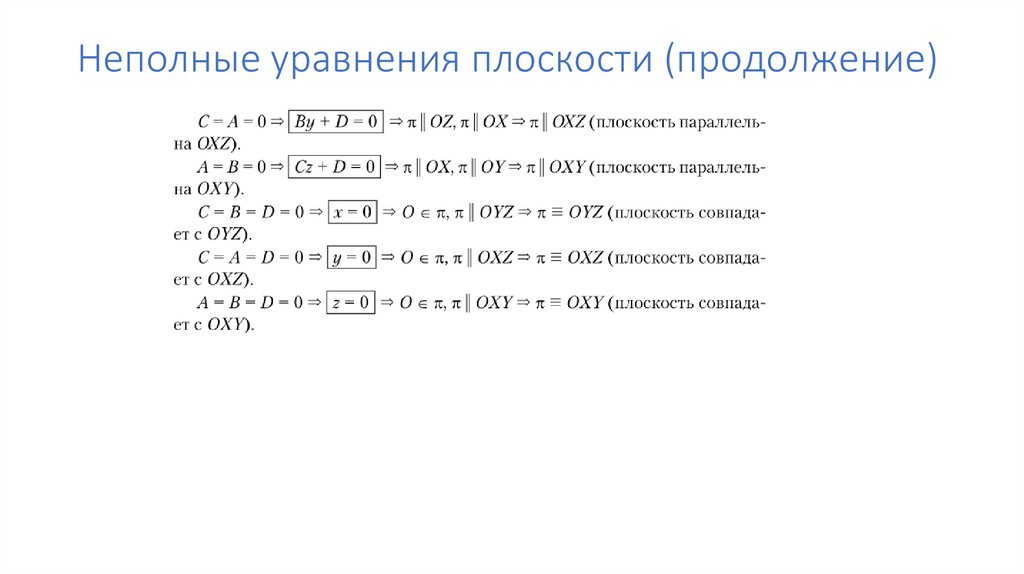 Неполные уравнения плоскости (продолжение)