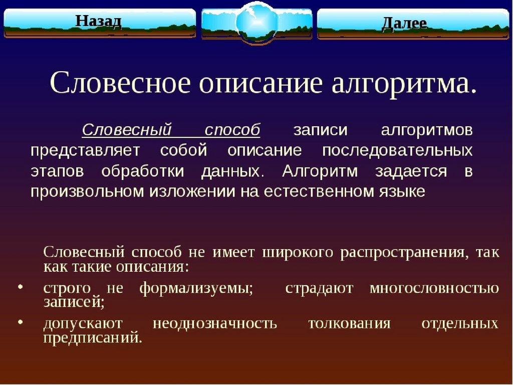 Словесный алгоритм. Словесный способ записи алгоритмов. Словесное описание алгоритма. Способы записи (описания) алгоритма.. Словесный способ описания алгоритма.