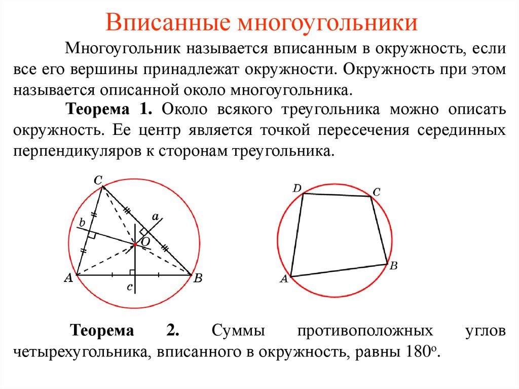 Центр вписанной и описанной окружности в четырехугольнике. Вписанный многоугольник.