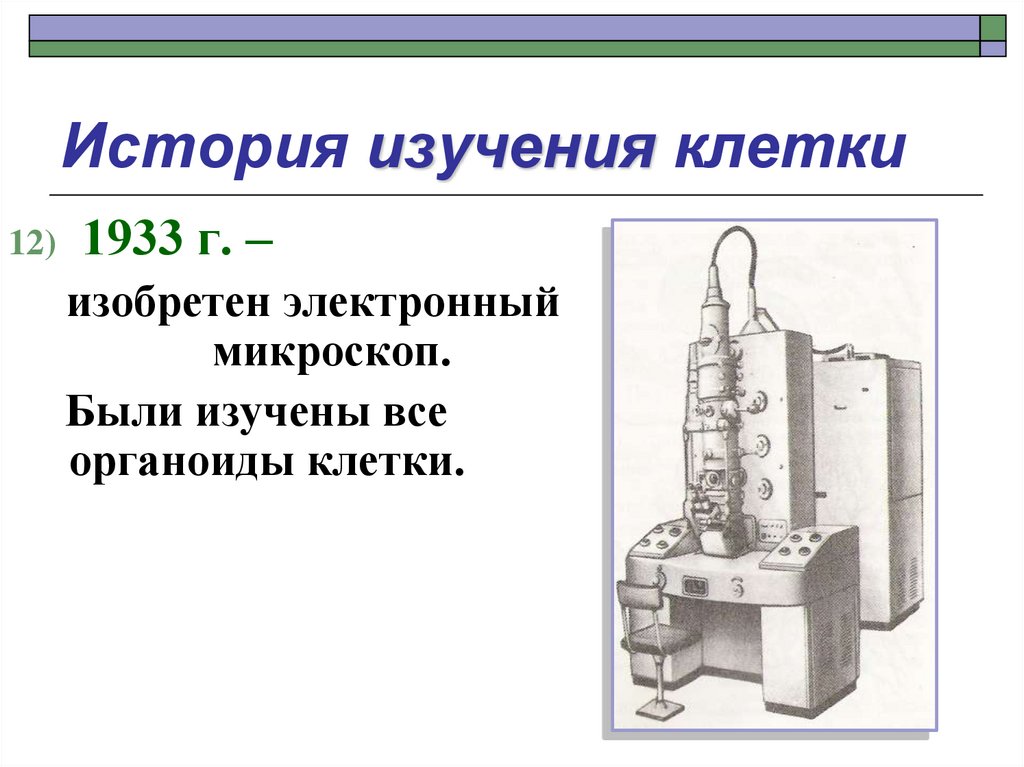 Изучение клетки. История открытия и изучения клетки кратко. 1933 Г. – изобретен электронный микроскоп. История изучения клетки кратко.