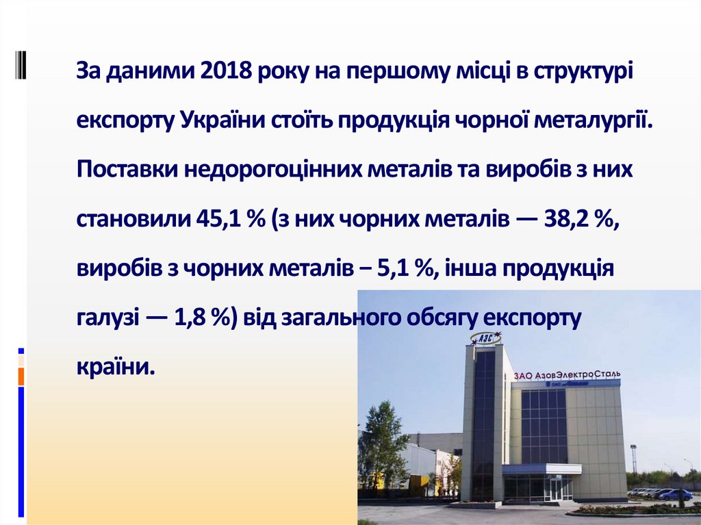 За даними 2018 року на першому місці в структурі експорту України стоїть продукція чорної металургії. Поставки недорогоцінних
