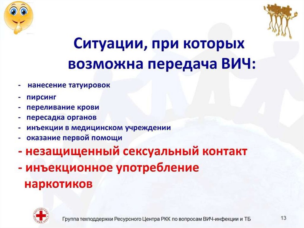 Ситуации, при которых возможна передача ВИЧ: - нанесение татуировок - пирсинг - переливание крови - пересадка органов -