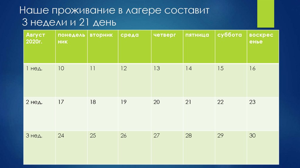 Наше проживание в лагере составит 3 недели и 21 день