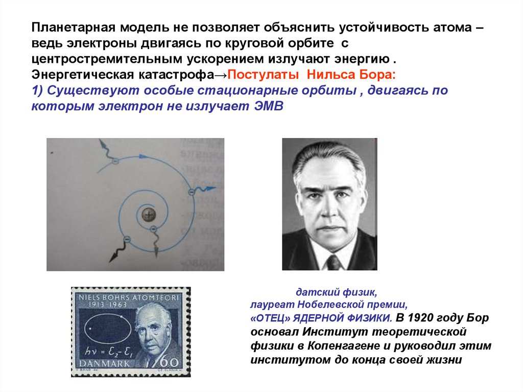 Создатель теории атома. Планетарная модель атома водорода. Устойчивость атома. Круговые орбиты атома. Чем объяснить устойчивость атома.