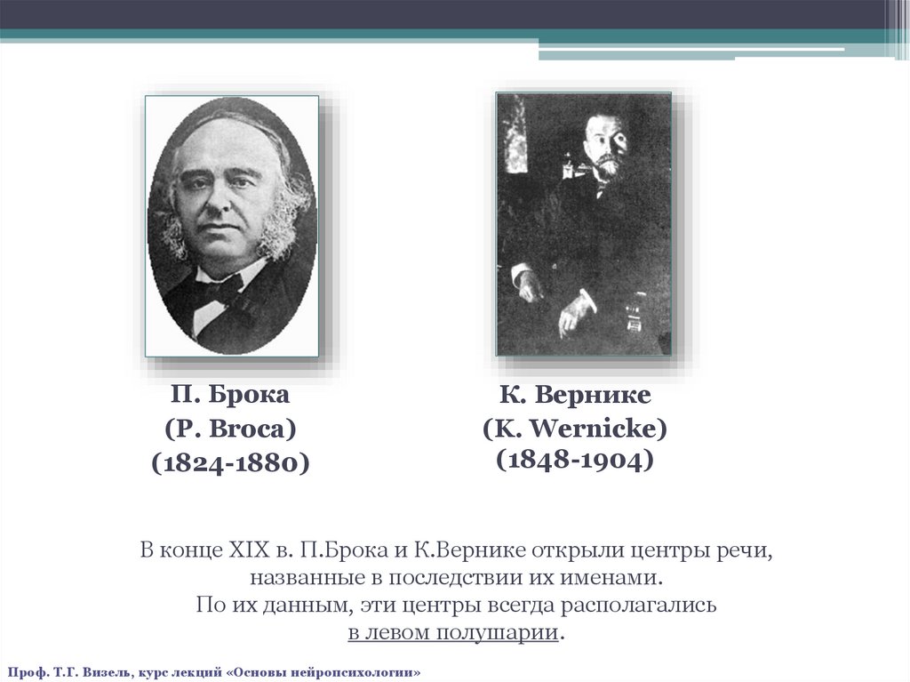 В конце XIX в. П.Брока и К.Вернике открыли центры речи, названные в последствии их именами. По их данным, эти центры всегда