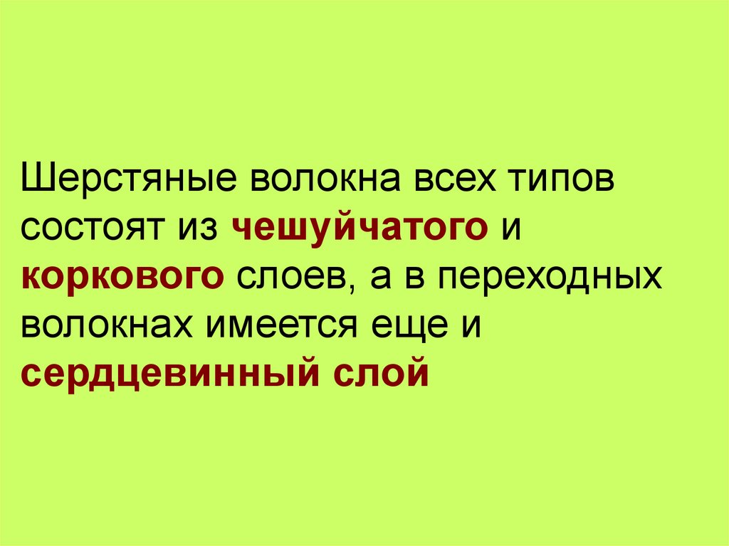 Шерстяные волокна всех типов состоят из чешуйчатого и коркового слоев, а в переходных волокнах имеется еще и сердцевинный слой