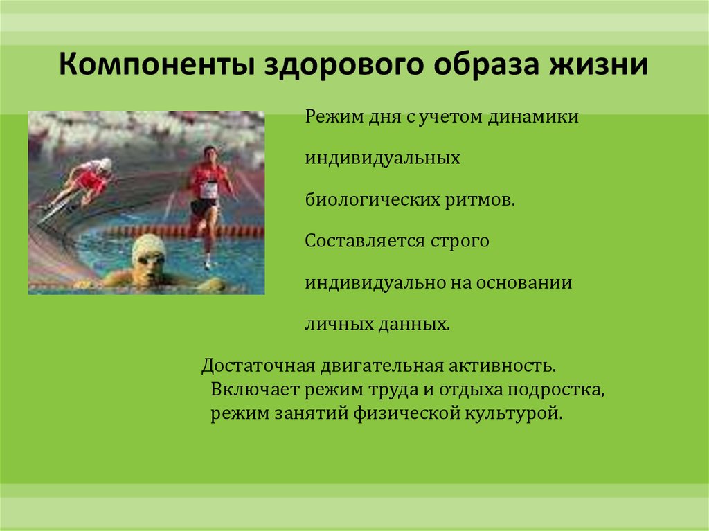 Индивидуальный образ жизни обж. Компоненты здорового образа жизни режим дня. Достаточная двигательная активность. Основные составляющие ЗОЖ режим дня. Двигательная активность как компонент здорового образа жизни.