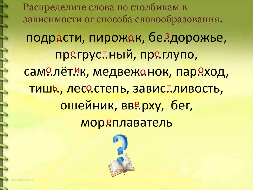 Пар ход. Бездорожье способ словообразования. Распределить слова по способу словообразования. Распределить по столбикам. Распределите слова в зависимости от способа словообразования.