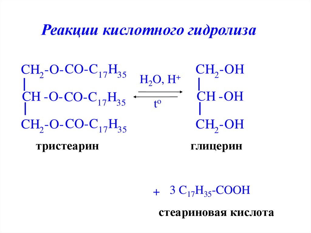 Глицерин калий реакция. Реакция гидролиза тристеарина. Тристеарин щелочной гидролиз. Глицерина щелочным гидролизом тристеарина. Тристеарин гидролиз кислотный.