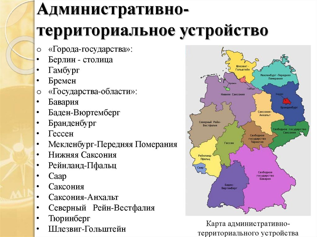 Охарактеризуйте германию. Административно-территориальное деление Германии. Административно-территориальное деление ФРГ. Экономико-географическая характеристика Германии. Административно-территориальное устройство Германии.