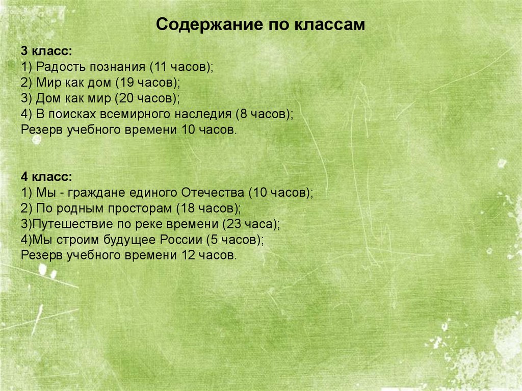 Содержание по классам