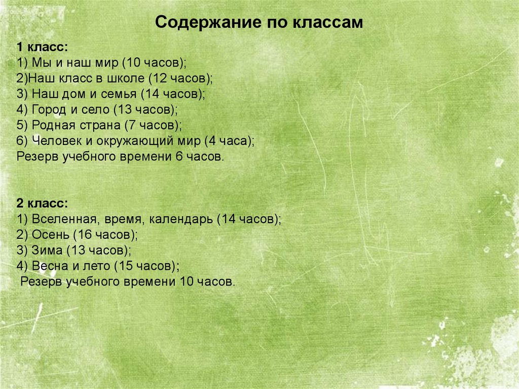 Содержание по классам