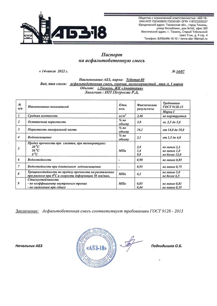 Паспорт на асфальтобетонную смесь образец