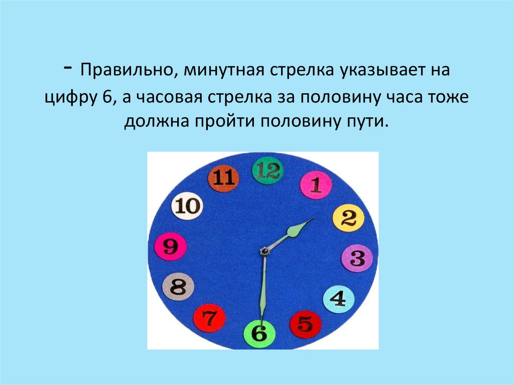 - Правильно, минутная стрелка указывает на цифру 6, а часовая стрелка за половину часа тоже должна пройти половину пути.