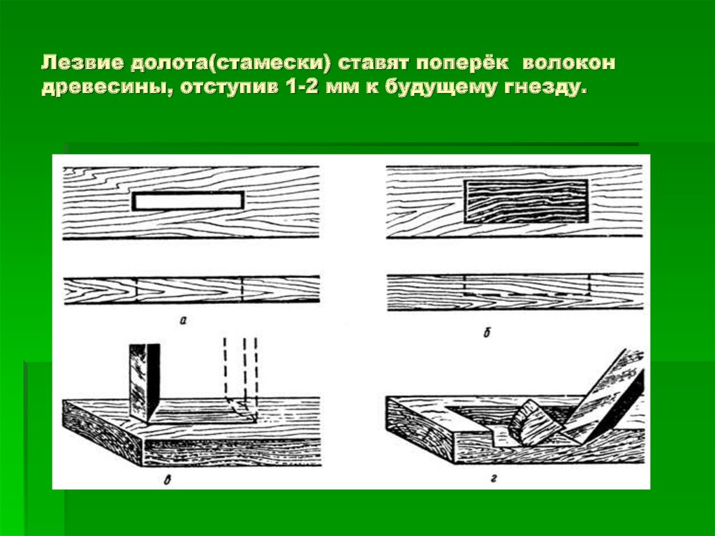 Долбление древесины. Поперек волокон древесины. Резание стамеской поперек волокон. Долбление долотом.