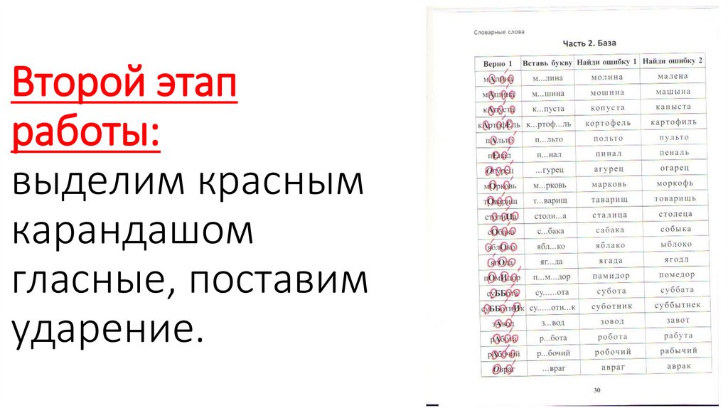 Второй этап работы: выделим красным карандашом гласные, поставим ударение.