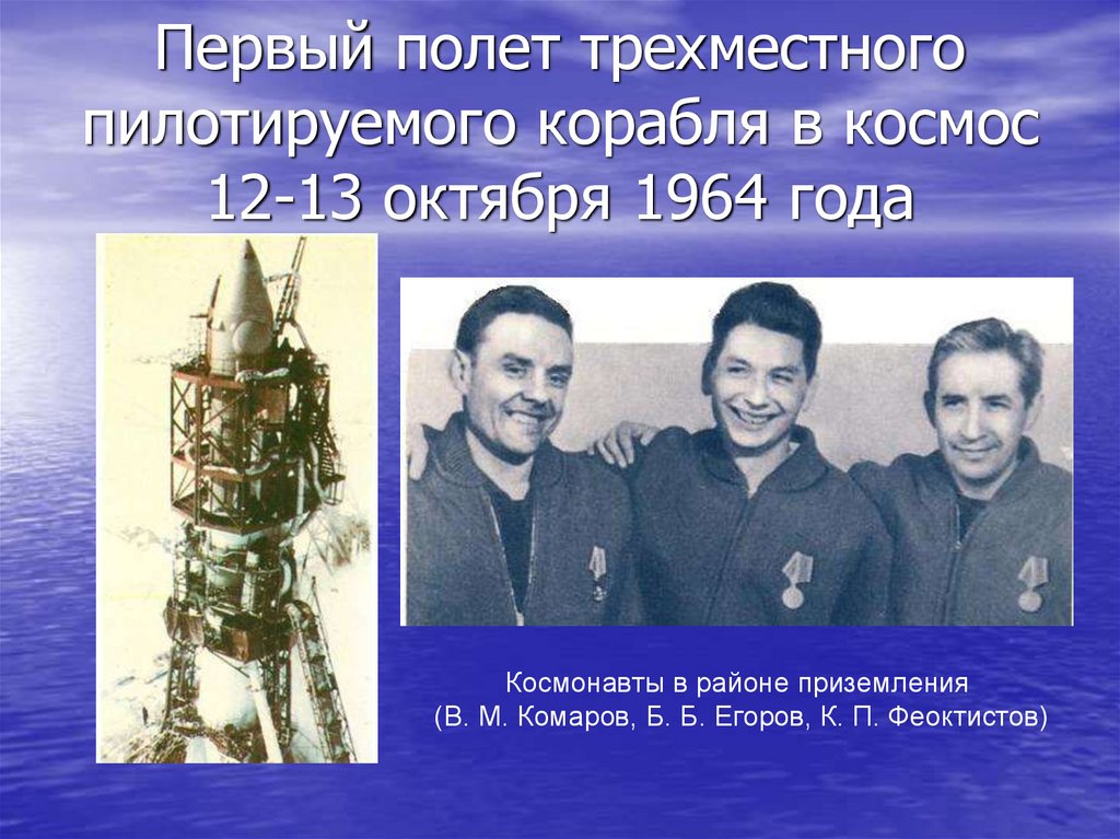 Кто первым в мире полетел в космос. Космонавты комаров Феоктистов Егоров. Комаров, Феоктистов, Егоров, октябрь 1964 г.. Первый пилотируемый полет в космос. Групповой полёт в космос в октябре 1964 года-.