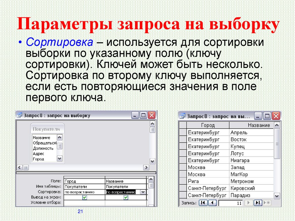 Параметры выборки. Запрос с параметром. Сортировка выборкой. Query параметры.