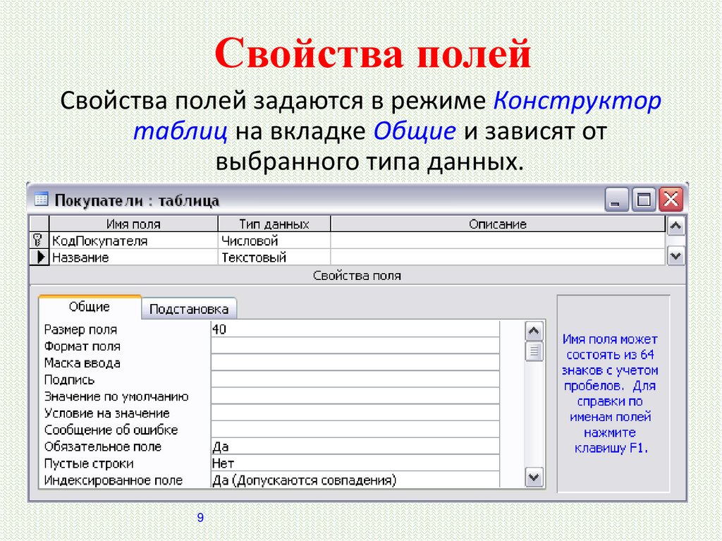 Основные свойства полей. Свойства полей. Свойства полей базы данных. Свойство поля подпись. Свойства поля Алгебра.