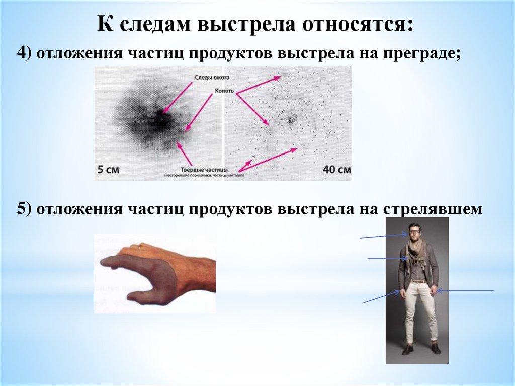 Схема основных и дополнительных следов выстрела на преграде