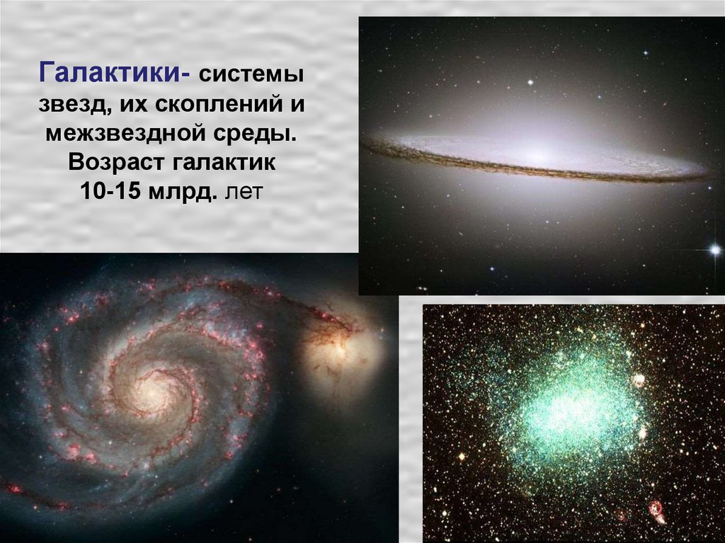 Галактики- системы звезд, их скоплений и межзвездной среды. Возраст галактик 10-15 млрд. лет