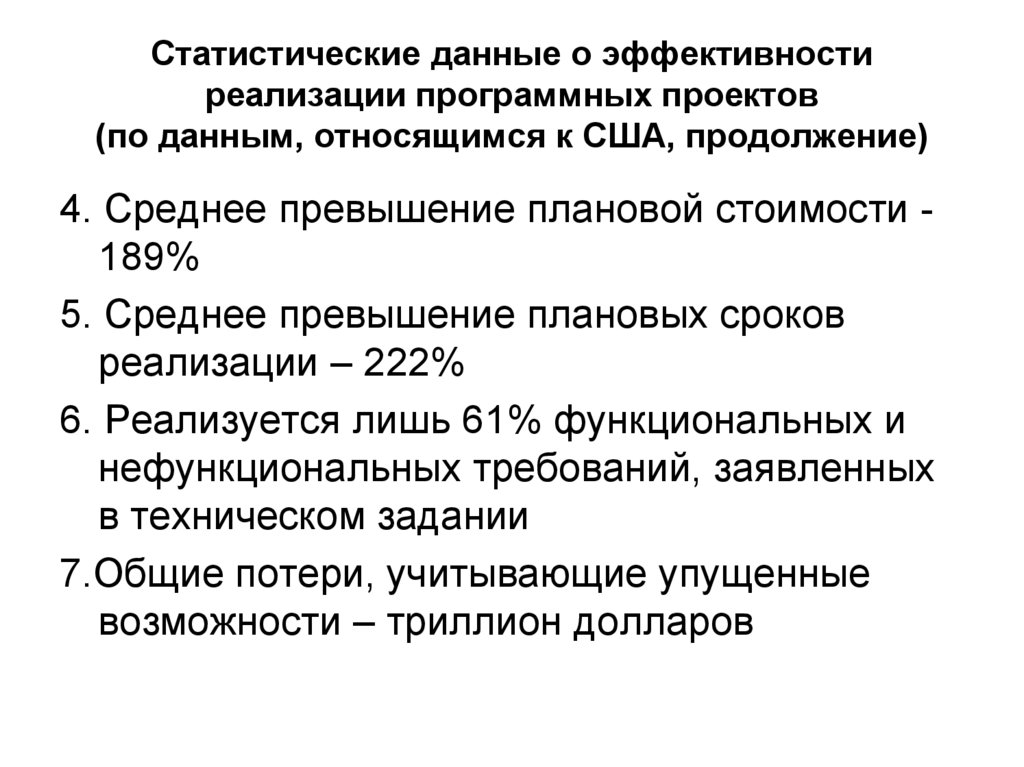 Статистические данные о эффективности реализации программных проектов (по данным, относящимся к США, продолжение)