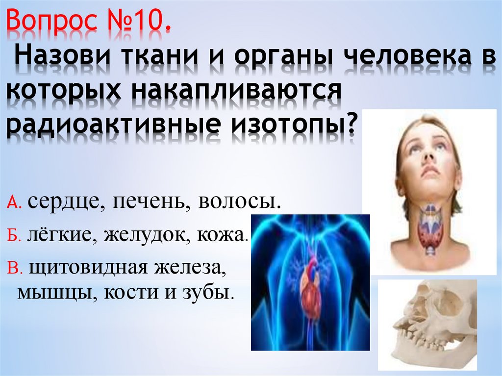 Вопрос №10. Назови ткани и органы человека в которых накапливаются радиоактивные изотопы?