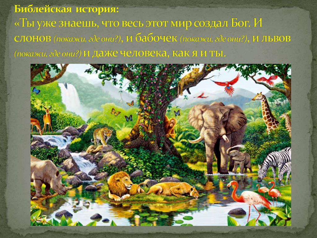 Библейская история: «Ты уже знаешь, что весь этот мир создал Бог. И слонов (покажи, где они?), и бабочек (покажи, где они?), и
