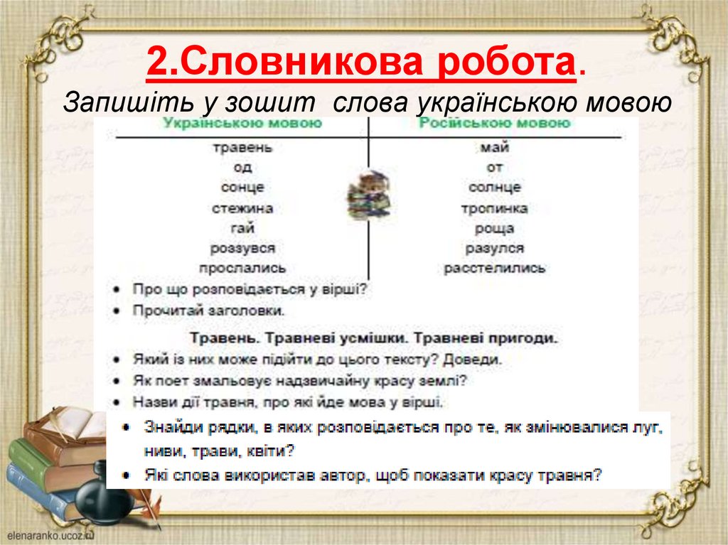 2.Словникова робота. Запишіть у зошит слова українською мовою
