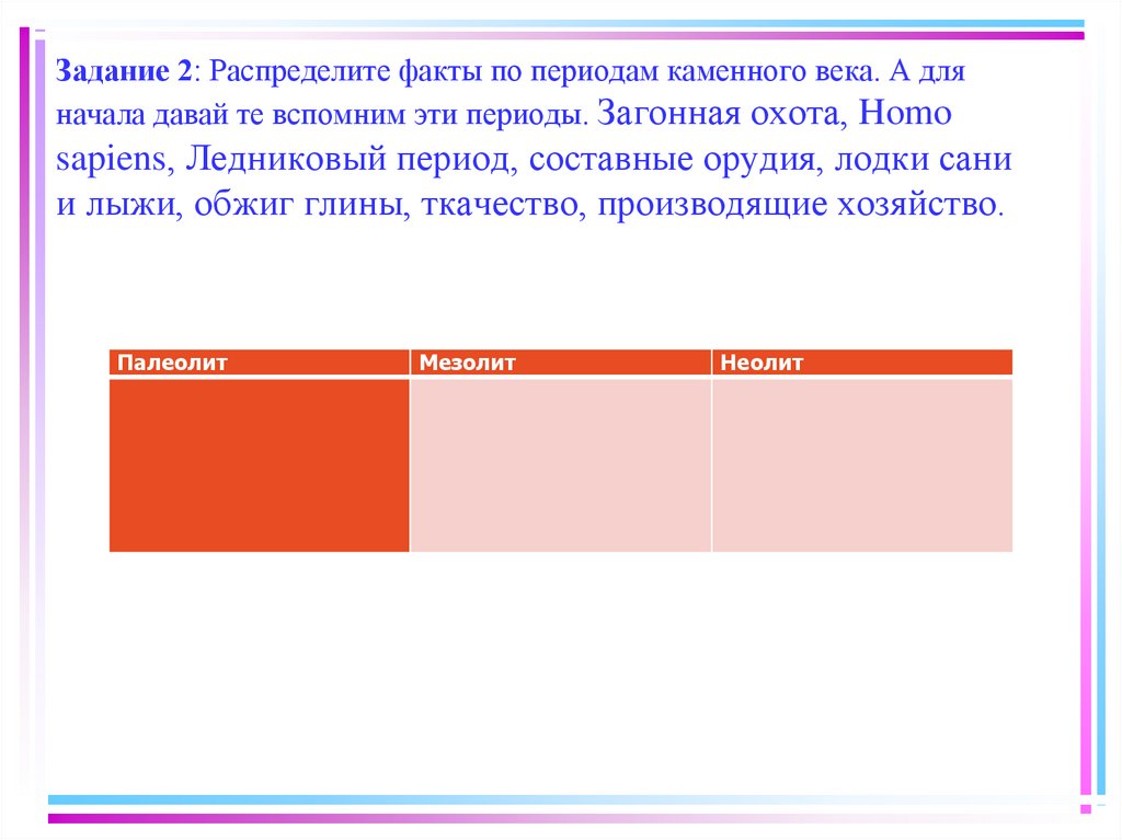 Задание 2: Распределите факты по периодам каменного века. А для начала давай те вспомним эти периоды. Загонная охота, Homo