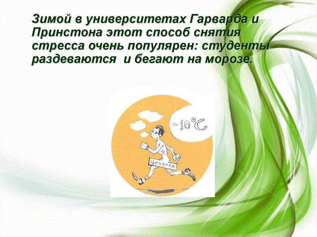 Зимой в университетах Гарварда и Принстона этот способ снятия стресса очень популярен: студенты раздеваются и бегают на морозе.