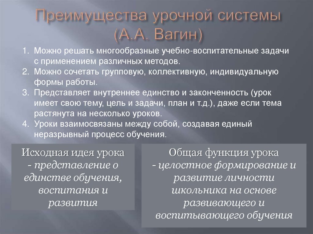 Преимущества урочной системы (А.А. Вагин)