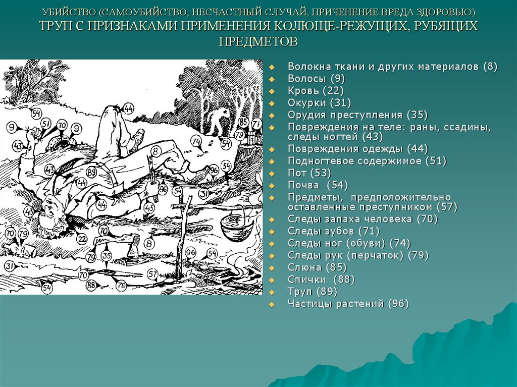 УБИЙСТВО (САМОУБИЙСТВО, НЕСЧАСТНЫЙ СЛУЧАЙ, ПРИЧЕНЕНИЕ ВРЕДА ЗДОРОВЬЮ) ТРУП С ПРИЗНАКАМИ ПРИМЕНЕНИЯ КОЛЮЩЕ-РЕЖУЩИХ, РУБЯЩИХ