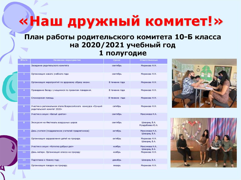 План работы родительского комитета 9 класса