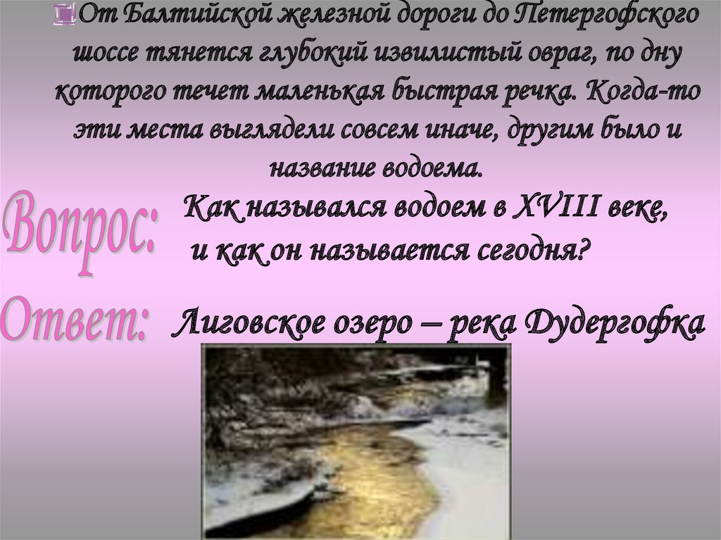 От Балтийской железной дороги до Петергофского шоссе тянется глубокий извилистый овраг, по дну которого течет маленькая быстрая