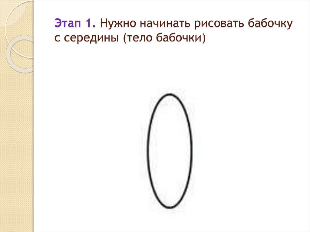 Этап 1. Нужно начинать рисовать бабочку с середины (тело бабочки)