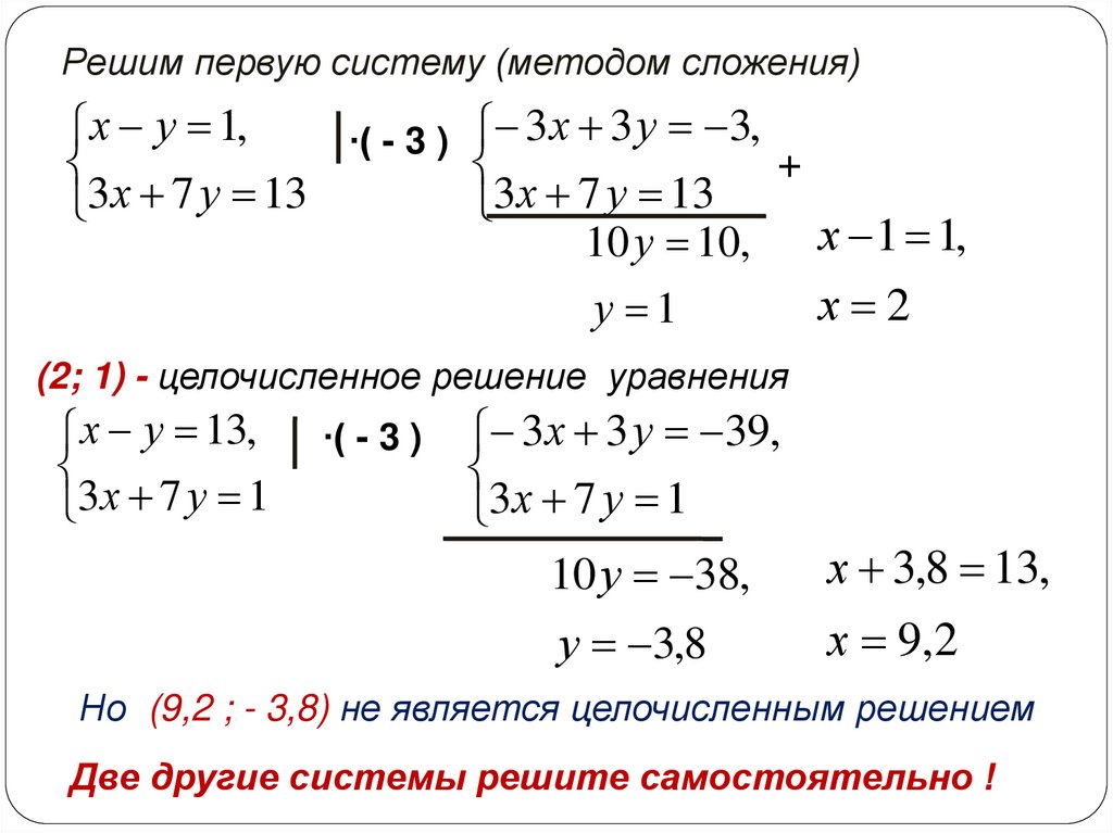 Как решать систему уравнений методом сложения. Целочисленные решения уравнения. Найдите целочисленные решения уравнения. Решение целочисленных уравнений с двумя переменными. Как найти все целочисленные решения уравнения.