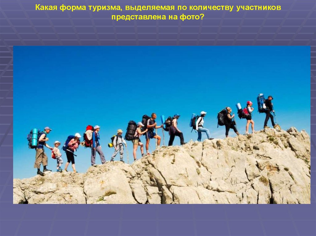 Какая форма туризма, выделяемая по количеству участников представлена на фото?