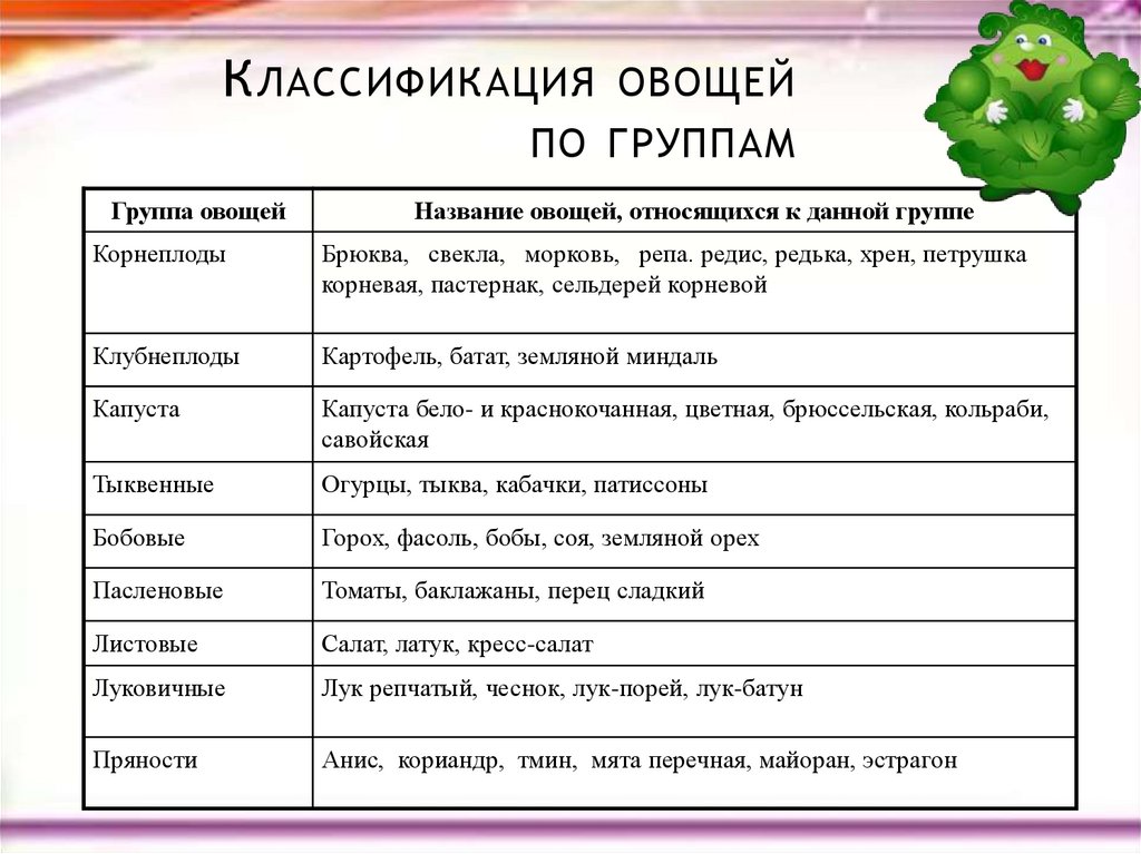 Классификация овощных растений схема