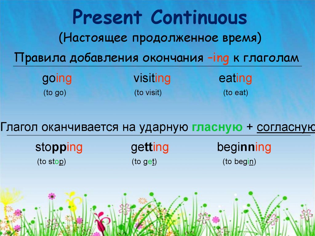 Зелеными длительное время. Present Continuous окончания. Present Continuous окончания глаголов. Окончание ing в present Continuous. Презент континиус глаголы правило.