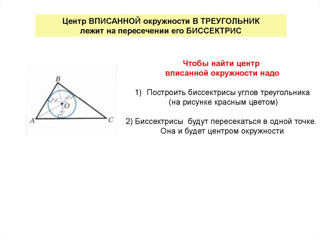 Центр вписанной окружности треугольника лежит в точке. Биссектрисы треугольника центр вписанной окружности. Центр впис окружности треугольника. Центр вписанной окружности треугольника. Центр вписанной в треугольник окружности лежит.