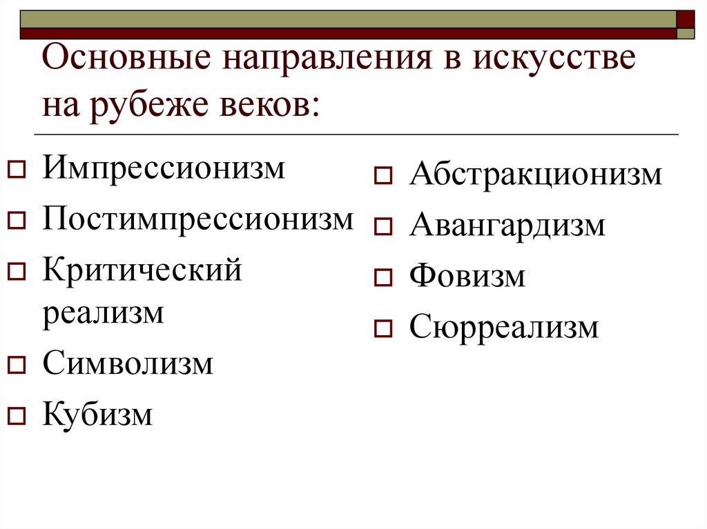 Основные направления в искусстве. Художественная культура 20 века направления. Основные стили в искусстве 20 века. Основные направления в живописи 19 век. Основные направления живописи 20 века.