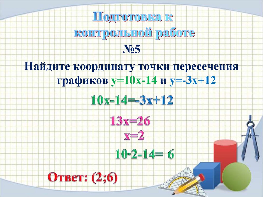 Урок 35. Найдите координаты точки пересечения графиков функций у 10х-8. Коэффициент контрольной работы. Найдите точку пересечения графиков y=10x-14. Найдите координаты точки пересечения графиков функций у 14х 32 и у 26х 8.