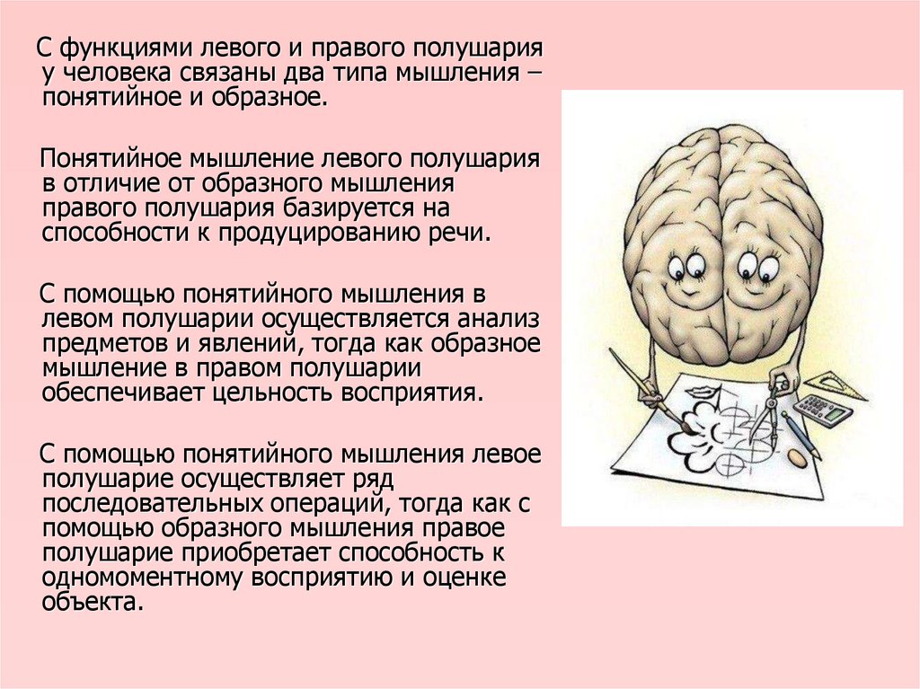 Функции левой. Мышление и полушария мозга. Левое полушарие мышление. Мыслительный Тип левое полушарие. Мышление правого полушария.