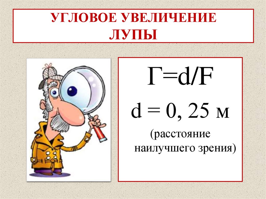 Увеличение угла. Угловое увеличение лупы. Увеличение лупы формула. Расстояние наилучшего зрения. Угловое увеличение лупы формула.