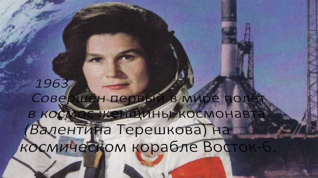 1963 Совершён первый в мире полёт в космос женщины-космонавта (Валентина Терешкова) на космическом корабле Восток-6.