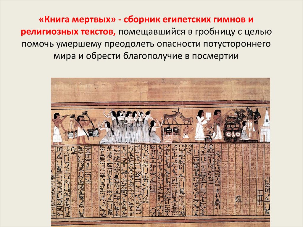 «Книга мертвых» - сборник египетских гимнов и религиозных текстов, помещавшийся в гробницу с целью помочь умершему преодолеть