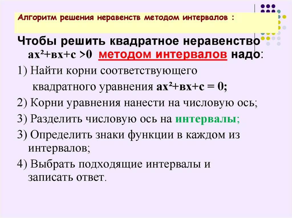 Презентация на тему решение квадратных неравенств методом интервалов 8 класс