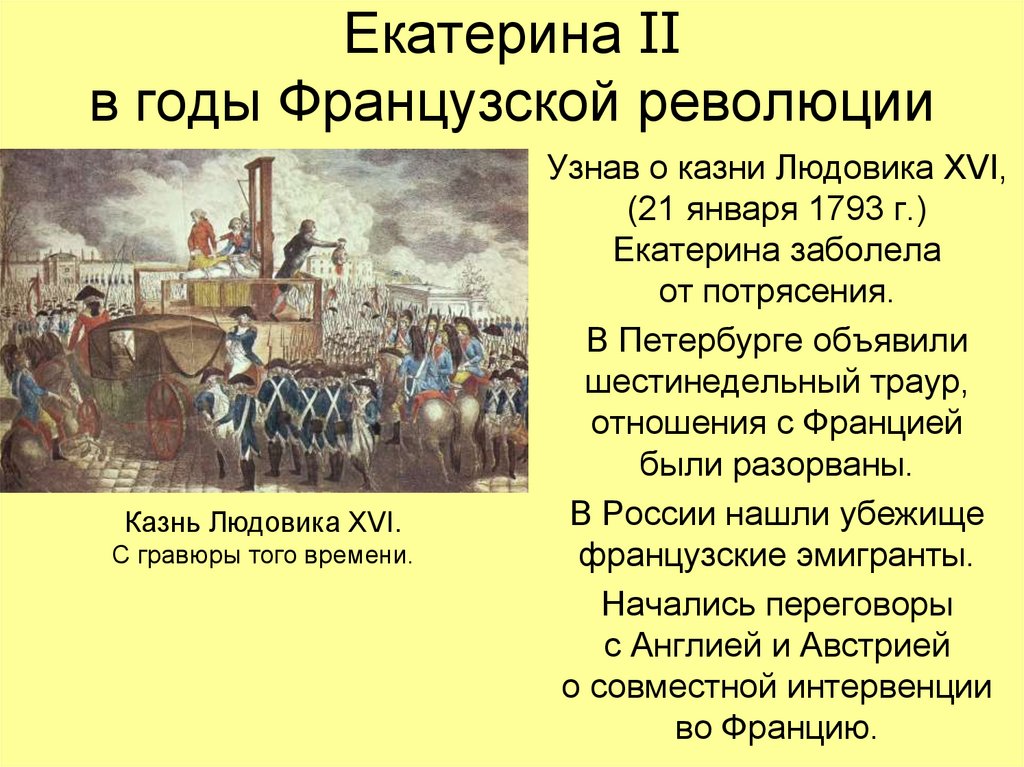 Чего добивался людовик 18 от екатерины 2. Екатерина 2 и французская революция 1789-1793. Революция при Екатерине 2. Казнь Людовика XVI 21 января 1793 г. Екатерина 2 Великая французская революция кратко.